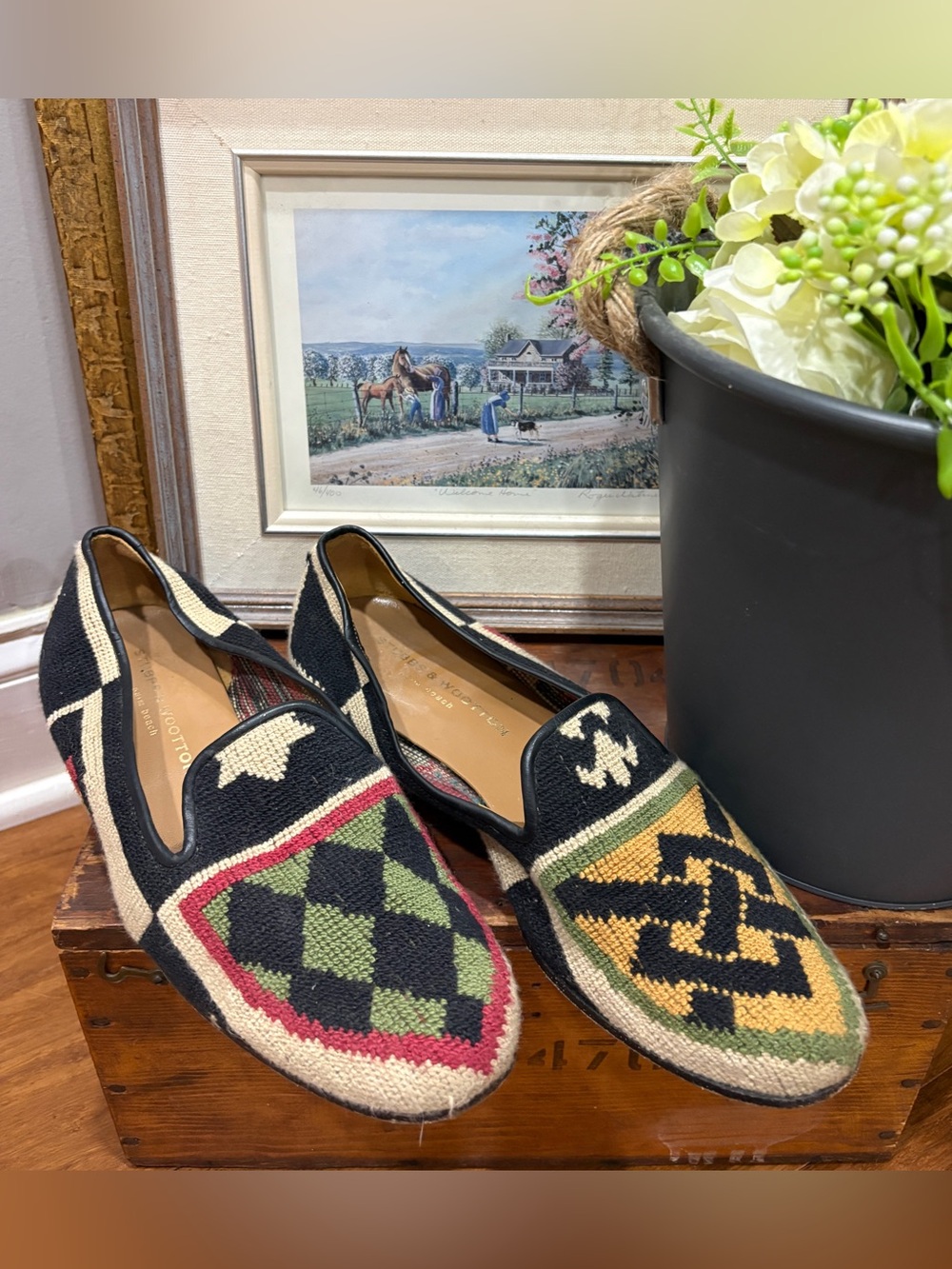 Vintage Stubbs & Wooten Needlepoint Loafer Crest Royalty Series Black MultiColor - Picture 3 of 7